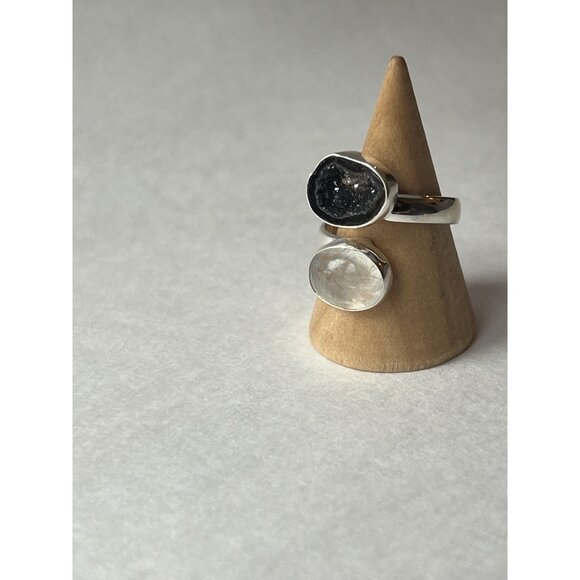 Artisan Jewelry - Geode & Clear Quartz Ring 925 Sterling Silver, Size 7 Adjustable